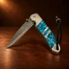 Liner Lock Damascus Folding Pocket Knife w/ Turquoise, MOP, & Wood Handle — detail view 3