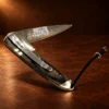 Liner Lock Damascus Folding Pocket Knife w/ Turquoise, MOP, & Wood Handle — detail view 4