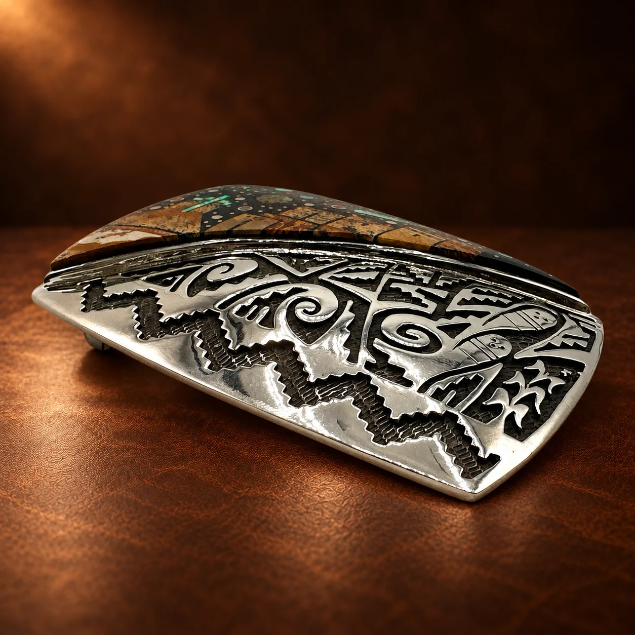 TSF Sterling Silver Overlay & Multi-Stone Micro Inlay Belt Buckle — detail view 2