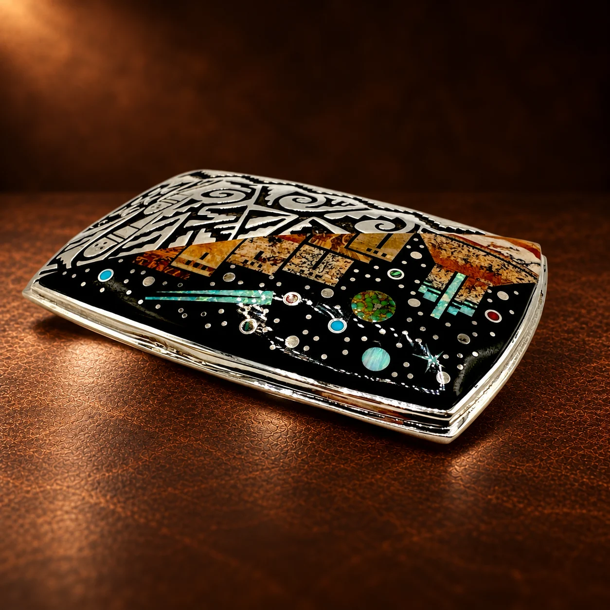 TSF Sterling Silver Overlay & Multi-Stone Micro Inlay Belt Buckle — detail view 3